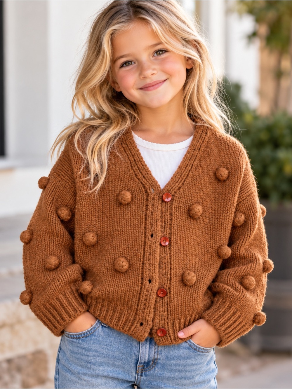 Girls' Pom-Pom Knit Cardigan - Brown